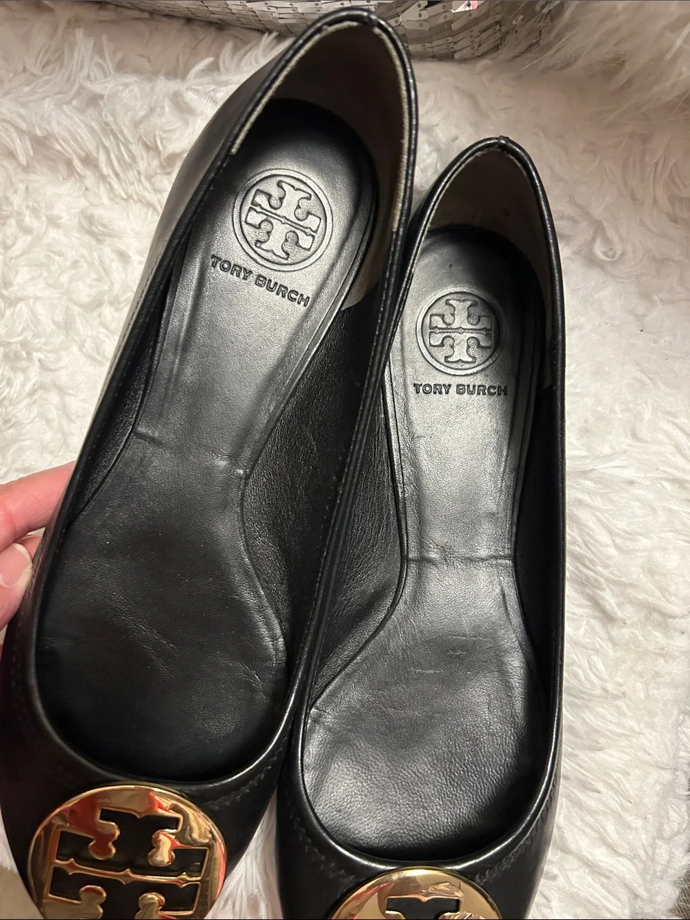 Tory Burch Black Leather Ballet Flats with Gold Logo Medallion